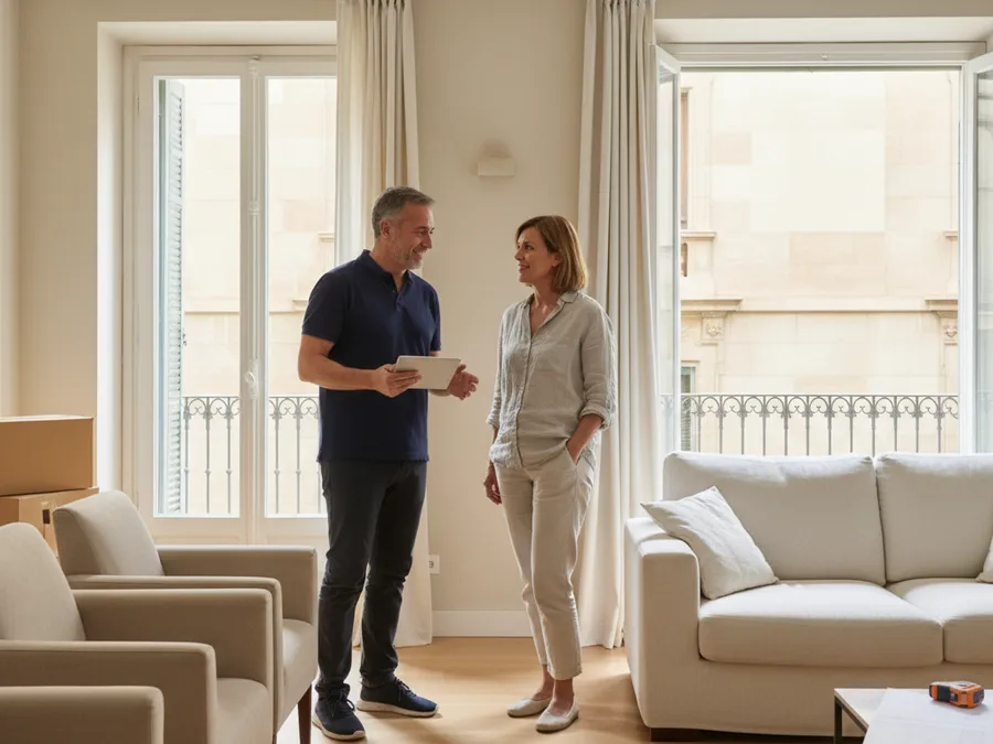 Técnico de Mudanzas Barcelona Pro realizando una visita técnica gratuita con tablet en un piso de Barcelona